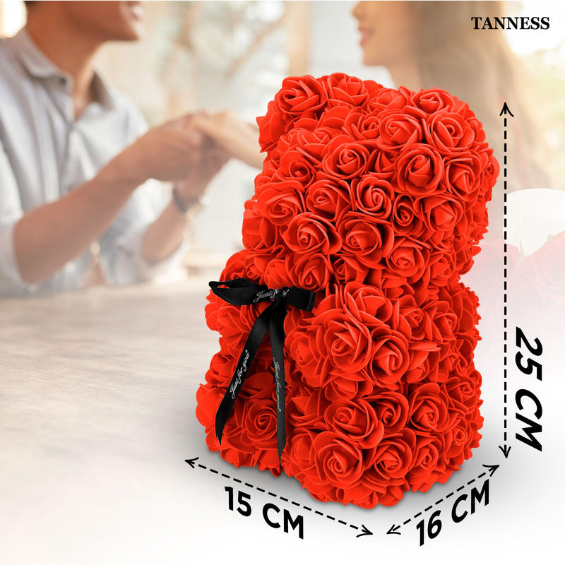 Tanness 25cm Rose Bear with Transparent Gift Box & Black Ribbon | Rose Petals Teddy Bear Presents for Women | Artificial Flowers Rose Bear Valentine Gifts, Gifts for Women (Red)