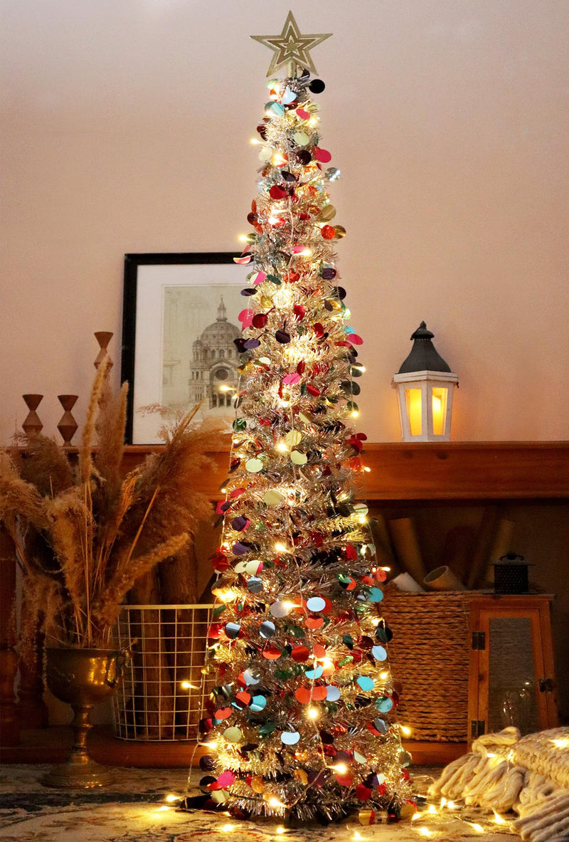 HMASYO 5FT Pop Up Christmas Tree with Timer 50 Lights, Tinsel Christmas Tree, Collapsible Artificial Pencil Tree Xmas Decoration for Indoor Home Apartment Porch Party, Easy Assembly - Gift Guide