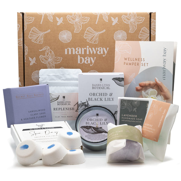 Pamper Hamper Gift Set for Women - Luxurious Collection of Seven Indulgent Handmade Relaxation Gifts for a Home Wellbeing Pamper Spa Experience. Gift Ready Pamper Set for Women by Mariway Bay