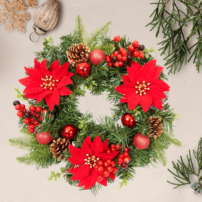 LinTimes 16 Inch Christmas Wreath for Front Door, 40cm Red Artificial Wreaths with Xmas Baubles, Xmas Flowers, Berries and Pine Cones for Fireplace Wall Window Door Christmas Outside Decoration - Gift Guide
