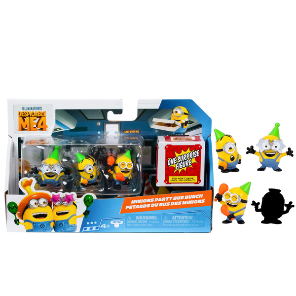 MINIONS Despicable Me 4 4 Figure Packs Party Bus Bunch | 5.8cm Collectible Figures | Pack Has 3 Figures Visible Plus 1 Surprise Figure Hidden