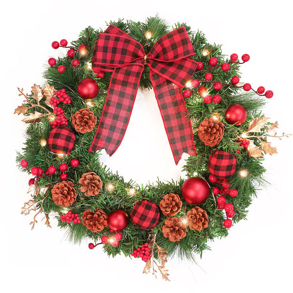 Pre-lit Christmas Wreath,40CM/15.8 IN Pre Lit Artificial Christmas Décor Wreath with Lights,Bow,Indoor Outdoor Holiday Party Decorations for Front Door Wall (B) - Gift Guide