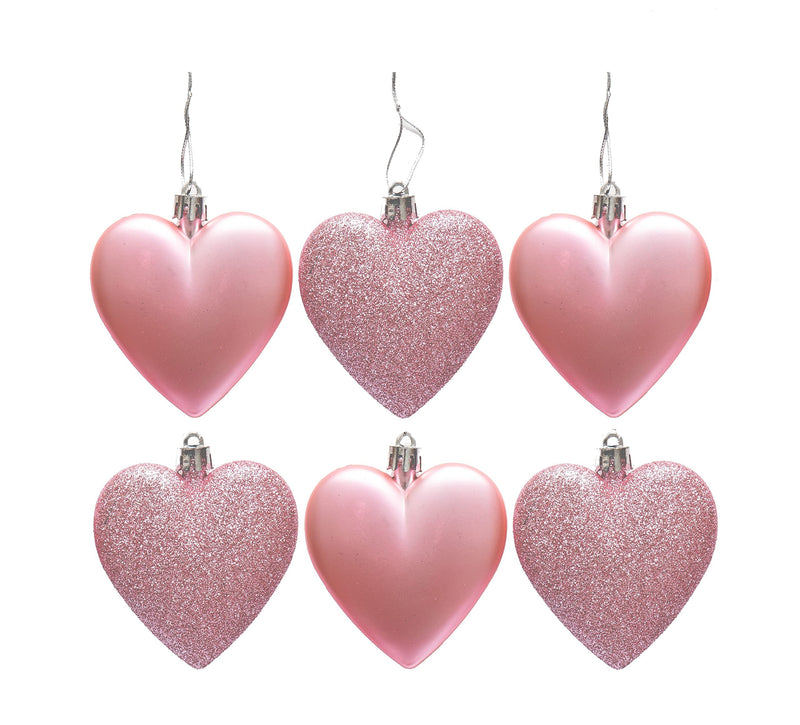 6pc Large Glitter & Matte Heart Baubles - Great Christmas Tree Decorations, Heart Baubles (Blush) - Gift Guide