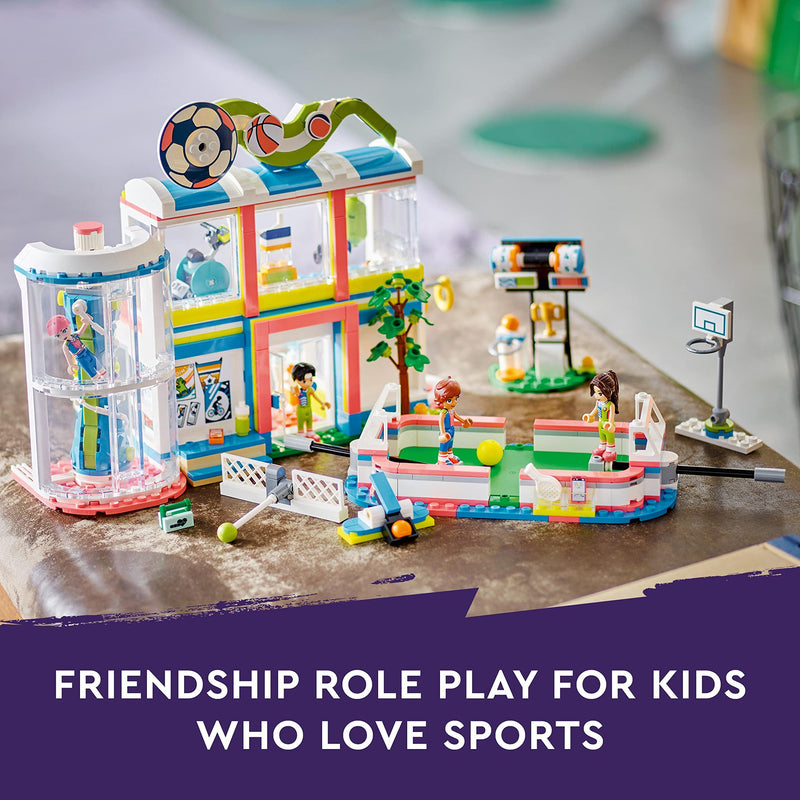 LEGO Friends Sports Centre Building Toy with Football, Basketball and Tennis Games To Play plus Climbing Wall and 4 Mini-Dolls, Heartlake City Gift for Kids Age 8 Plus 41744