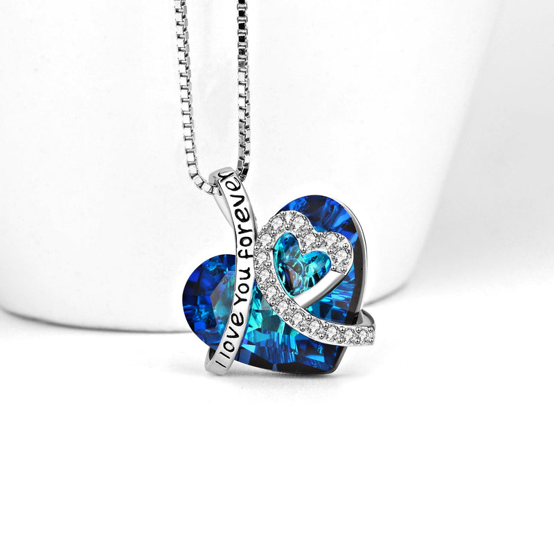 Sterling Silver I Love You Forever Heart Pendant Necklace with Birthstone Crystals, Mothers Day Wedding Anniversary Jewellery Gifts for Her Women Wife Mum Girlfriend (Blue)