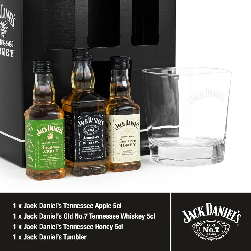 Jack Daniels Gift Set - Jack Daniels Whiskey 3x 5cl Honey, Apple, JD Whisky Old No7 Alcohol Miniatures, JD Tennessee Whiskey Glass - Birthday Gifts for Men, Boyfriend, Mens Valentines Gifts for Him