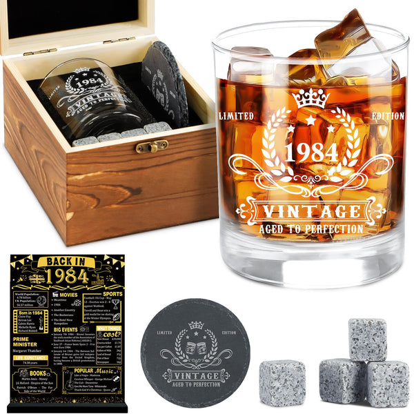 Amosking 40th Birthday Gifts for Men,Vintage 1984 Whiskey Glass Set for Men,Wood Box &1984 Poster Anniversary Card & Coaster &Whiskey Stones,Bday Gifts Ideas for Him, Dad, Husband,Friends