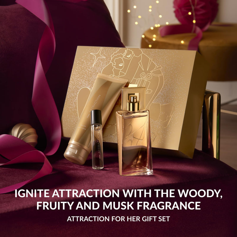 Avon Attraction for Her Three Piece Gift Set with Eau de Parfum 50ml Body Lotion 125ml and Purse Spray 10ml in a Gift Box, Fruity and Musk Scent Notes, Long Lasting Formula, Cruelty Free