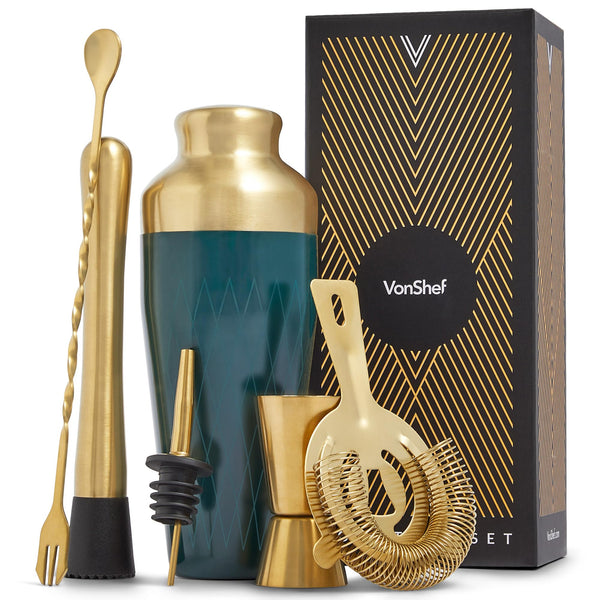 VonShef Cocktail Shaker Set, Gold & Green 6pc Set with Parisian Cocktail Shaker, Bartender Kit w/ Strainer, Muddler, Jigger & More, Gift Box Included