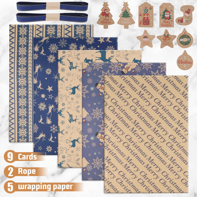 GAOHUI Christmas Wrapping Paper and Tags, 5pcs Navy Blue Kraft Xmas Wrapping Paper Sheets, Recyclable Gift Wrap 76 X 50cm with 5 Vintage Designs - Gift Guide