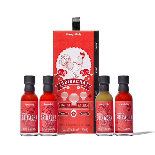 Thoughtfully Gourmet, Sriracha Hot Sauce Gift Set, Hot Sauce Flavours Include Original, Garlic, Green, and Superhot Sriracha Sauce, Pack of 4 - Gift Guide