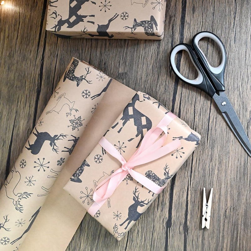 OTMVicor Roll of Christmas Wrapping Paper, 15M Recyclable Gift Wrapping Paper 43cm Width Kraft Paper Printed with Navy Blue Elk Snowflake for Christmas Birthday Gift Wrapping - Gift Guide