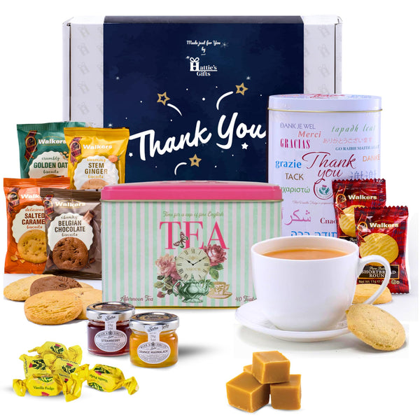 Hattie's Gifts Afternoon Tea Hamper Thank You Gift for Men, Women, Mum, Dad, Family - 10 Piece Food Gifts with Luxury Thank You Vanilla Fudge, Shortbread Biscuits & Jams - Gift Guide