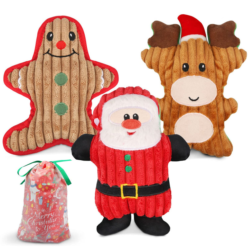 Dreamon Christmas Plush Interactive Dog Squeaky Toys Xmas Gift for Small Medium Large Pet included Ginger Man Reindeer Santa Claus, 3 Pcs Set - Gift Guide