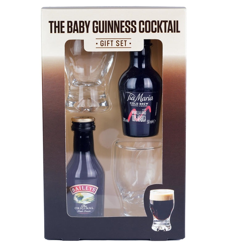 Baby Guinness Gift Set, including Tia Maria Cold Brew 5cl, Baileys 5cl, and Two Shot Glasses. Perfect for Christmas and Birthdays. Premium Packaging