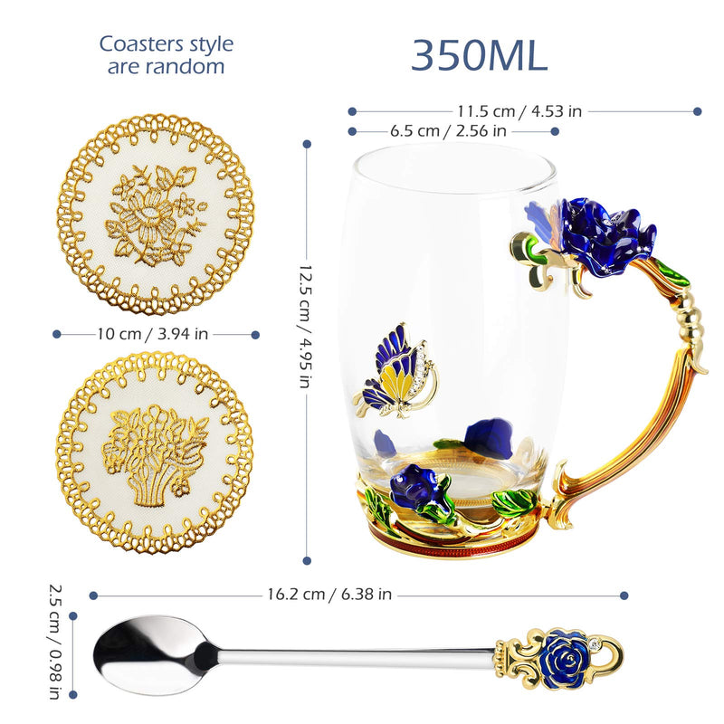 WD&CD Rose Butterfly Glass Tea Coffee Cups Mugs with Spoon and Coaster, Gifts for Her Girlfriend Wife Mum Women on Christmas Valentine's Day Mother's Day Anniversary, Blue Tall - Gift Guide