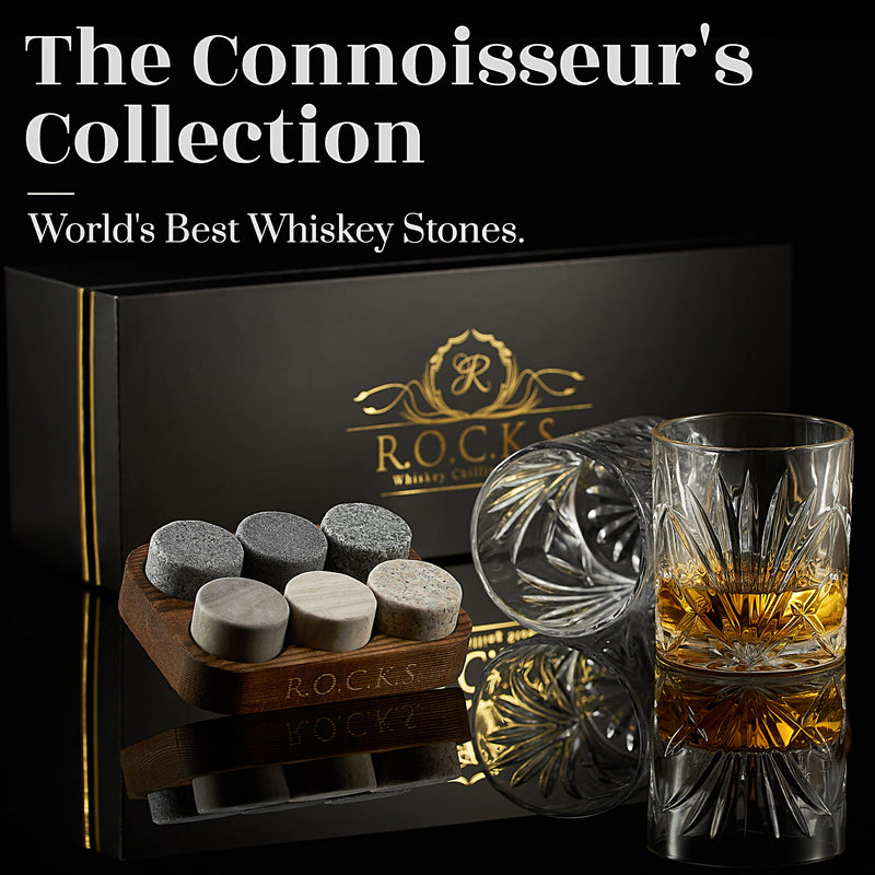 Whiskey Chilling Stones Gift Set - 6 Handcrafted Premium Granite Round Sipping Rocks - 2 Crystal Glass Tumblers - Hardwood Presentation & Storage Tray - Elegant Gold Foil Gift Box by R.O.C.K.S.