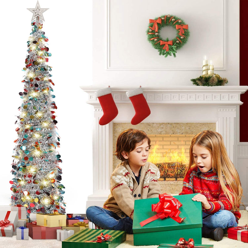HMASYO 5FT Pop Up Christmas Tree with Timer 50 Lights, Tinsel Christmas Tree, Collapsible Artificial Pencil Tree Xmas Decoration for Indoor Home Apartment Porch Party, Easy Assembly - Gift Guide