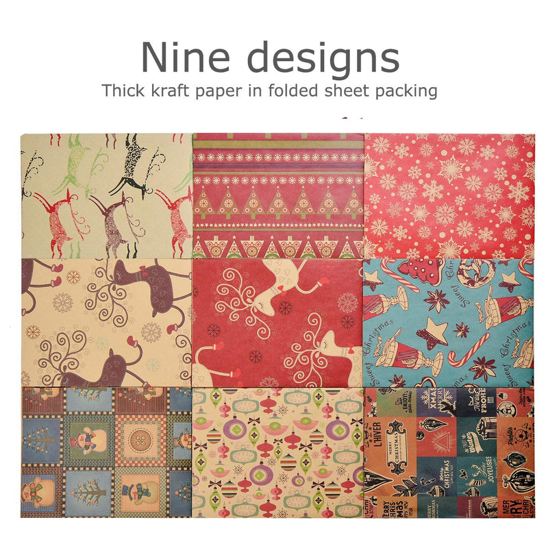 Christmas Wrapping Paper, 12 Pack Recyclable Kraft Paper 70x50CM in Folded Sheets with 10 Unique Designs (Bonus 16 Feet Jute String and 10 Tags) - Gift Guide