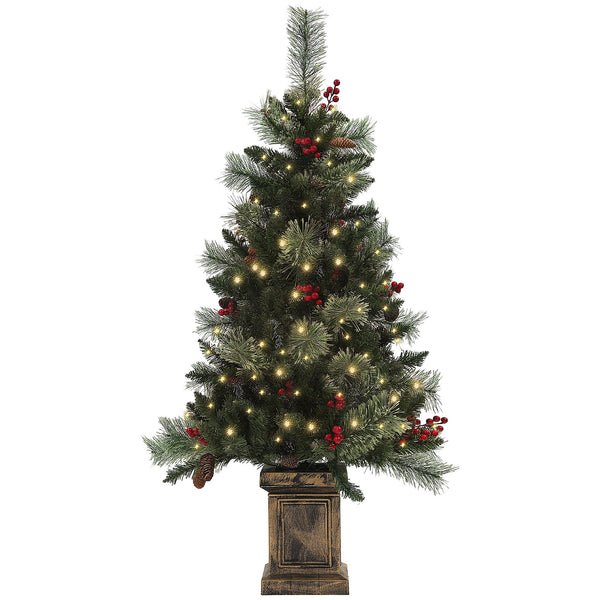 HOMCOM 1.2m/4ft Artificial Christmas Tree with 100 Warm White LED Lights and 8 Modes, Small Xmas Tree with Red Berries, Pine Cones and Retro Base, Green - Gift Guide