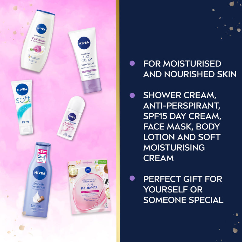 NIVEA Feel Pampered Skincare Gift Set (6 Products), Women's Gift Set Includes Shower Cream, Anti-Perspirant, Body Lotion, Soothing Day Cream SPF15, Soft Moisturising Cream and Face Sheet Mask