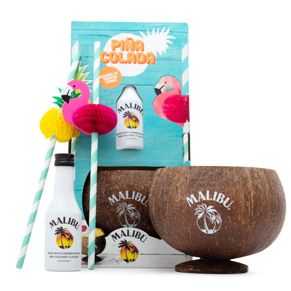 Malibu Rum Gift Set - 5cl Malibu Coconut Rum, Real Coconut Cup & 2x Cocktail Straws - Cocktail Rum Gifts for Men, Alcohol Gifts for Women, Christmas - 2023 Version