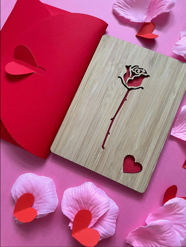 Romantic Red Rose Love Card, Wooden Romantic Card for Valentines Day,Anniversary, Wedding, Birthday, for Her, Him, Wife, Husband, Girlfriend, Boyfriend Gift