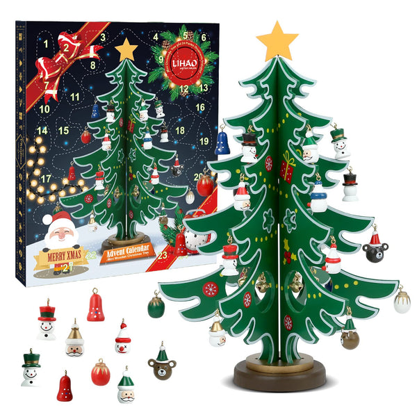 LIHAO Advent Calendar 2024 24 Days Christmas Countdown Calendar Wooden Tree with Miniature Ornaments Tabletop DIY Mini Tree for Christmas Desk Decoration or Gift - Gift Guide