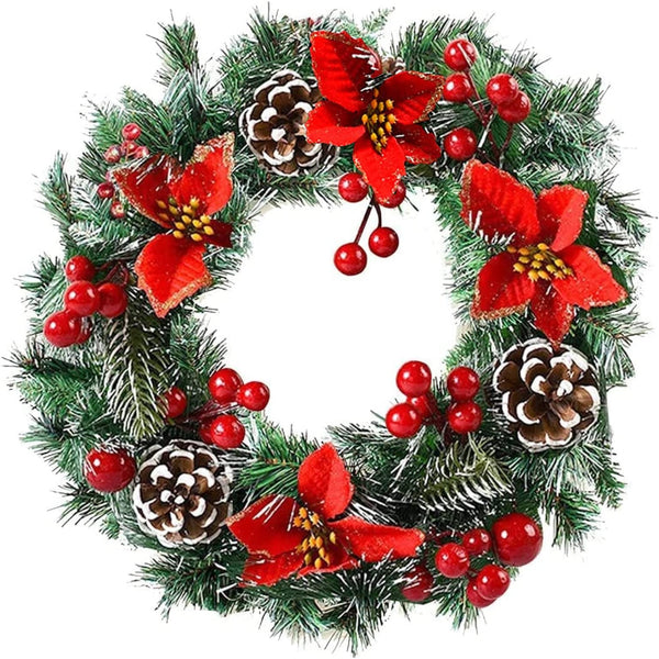 16 Inch Christmas Wreath, Outdoor Christmas Wreath with LED Lights 4 Red Artificial Poinsettia Flowers Ball Ornaments Pine Cones Berries for Door Wall Window Fireplace Home Decorations - Gift Guide