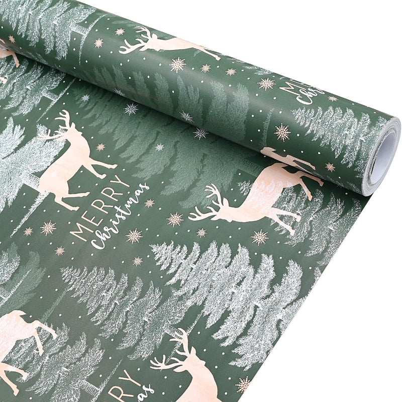 43cm*10m Green Christmas Wrapping Paper Roll Printed With Tree and Elk, Topeedy Recyclable Xmas Wrapping Paper for Christmas Party Gift Boxes Packing-tree - Gift Guide