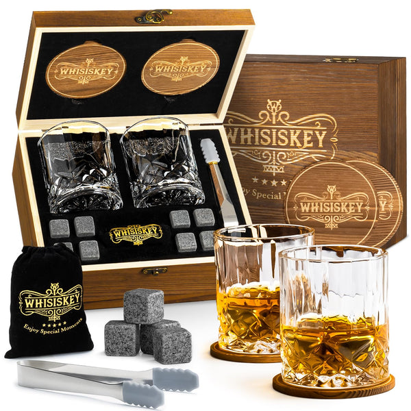 Whisiskey - Whisky Glasses Set - Whisky Accessories Set - Whisky Gift Set - 8 Whiskey Stones & 2 Glasses & 2 Coasters & Pliers - Ice Cubes Reusable – Whiskey Glasses Set of 2 - Gifts for Men