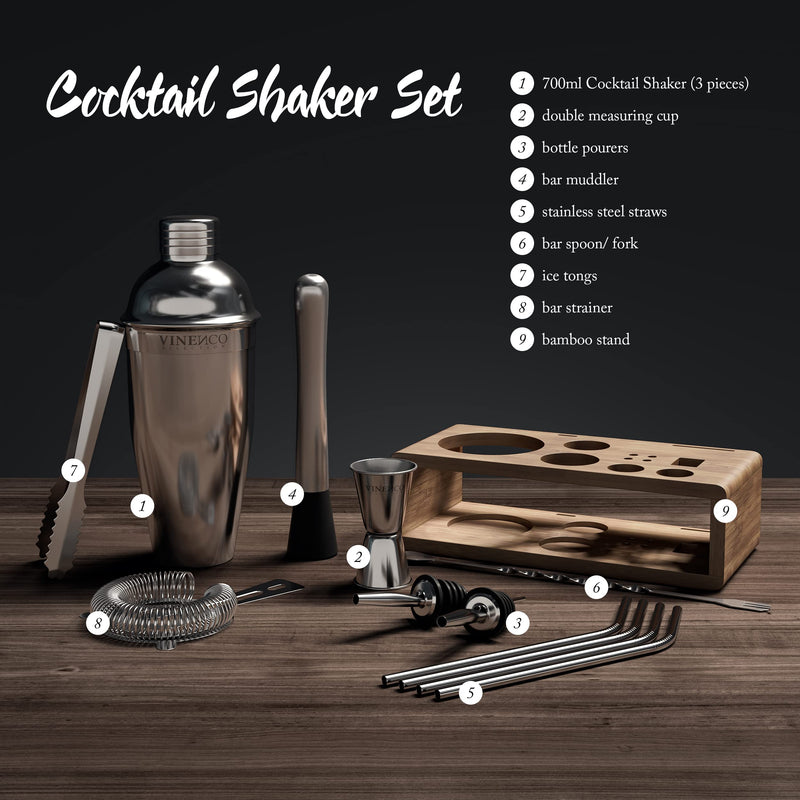 Cocktail Shaker Set Manhattan with Stand + Recipes | Premium Stainless Steel Bar Kit: Strainer Double Jigger Mixing Spoon | Pro Bartender Making Drinks Mojito Gin Tonic Maker Party, Gift Box Women Men