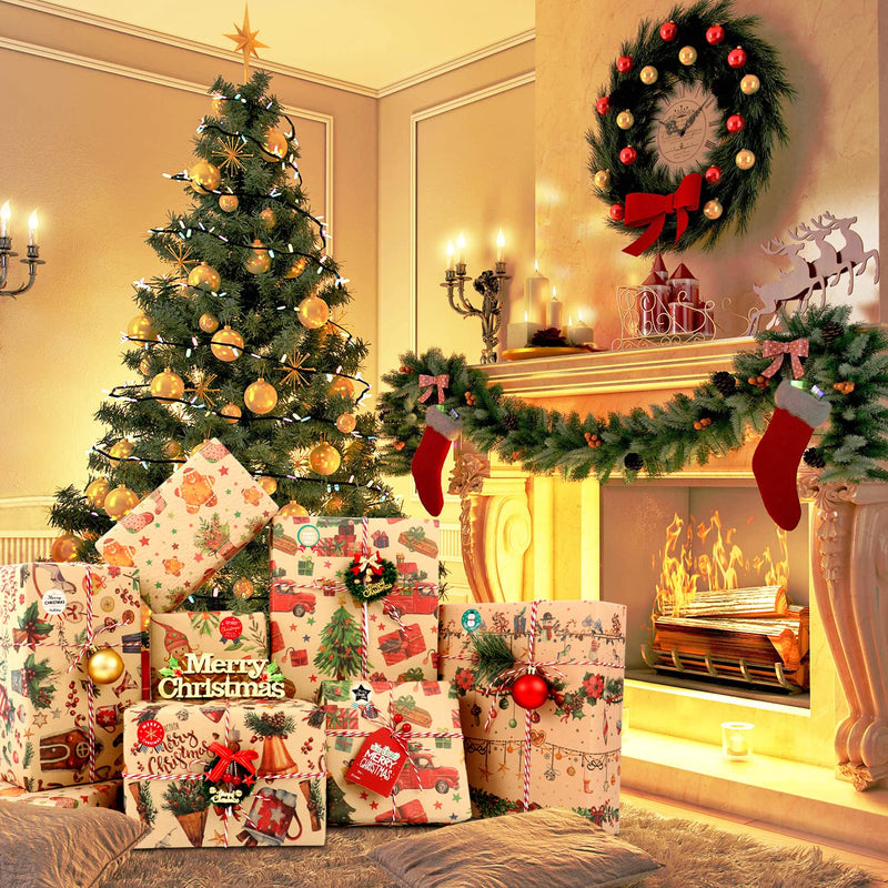 Christmas Wrapping Paper, 8 Sheets Cute Kraft Xmas Wrapping Paper Set with Tags Stickers and Paper Rope, Christmas Wrapping Papers for Gifts Arts Crafts Decorations, 50x70CM - Gift Guide