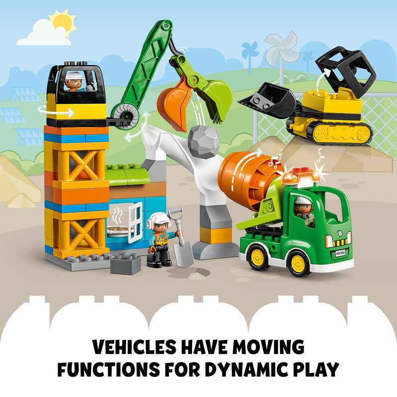 LEGO DUPLO Construction Site with Crane Toy, Bulldozer and Cement Mixer, Large Bricks Educational Sensory Toys for 2 Plus Year Old Toddlers, Boys and Girls, Birthday Gift Idea 10990