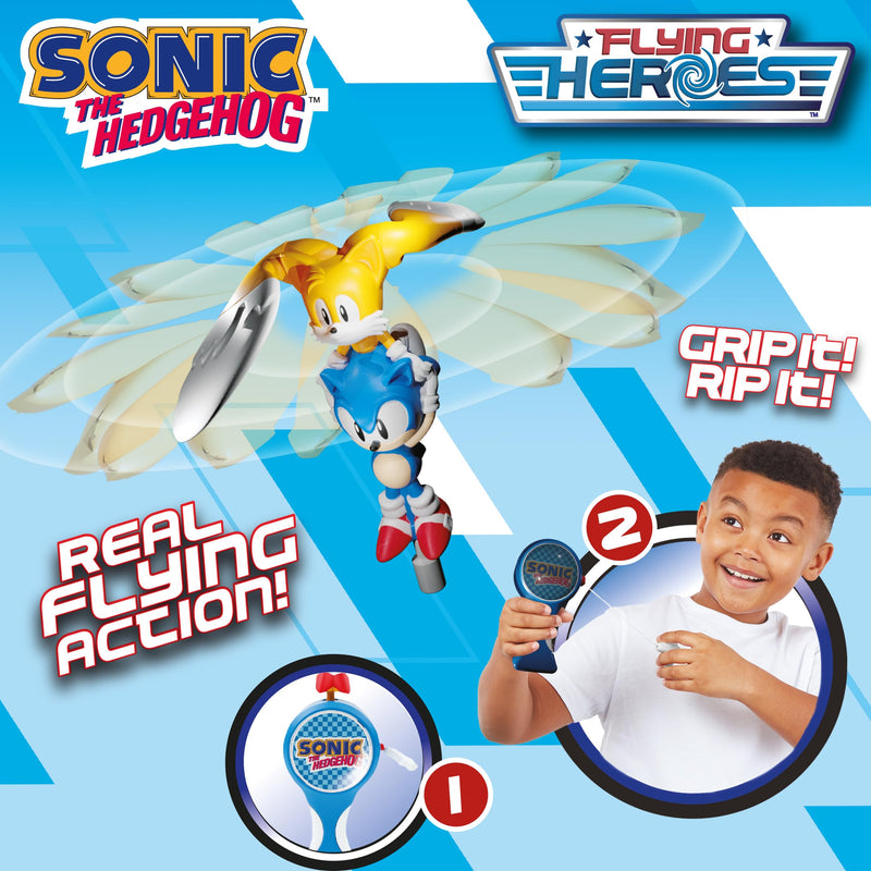 Flying Heroes 07981 Sonic The hedgehog Flash Pull The Cord to Watch Them Fly Action Toy Ideal Present for Boys Aged 4-7 Years Tails. No Batteries Required