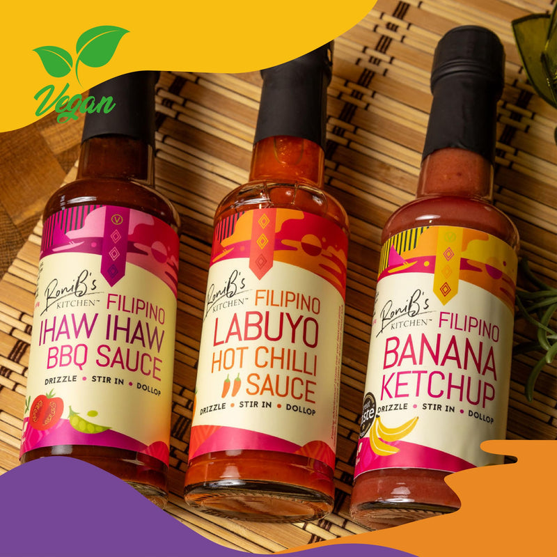 Tropical Sauces Gift Box from RoniB’s Kitchen 150ml - 3 x Filipino Style Vegan Sauces - Banana Ketchup, Ihaw Ihaw BBQ Sauce & Labuyo Hot Chilli Sauce - Gift Guide