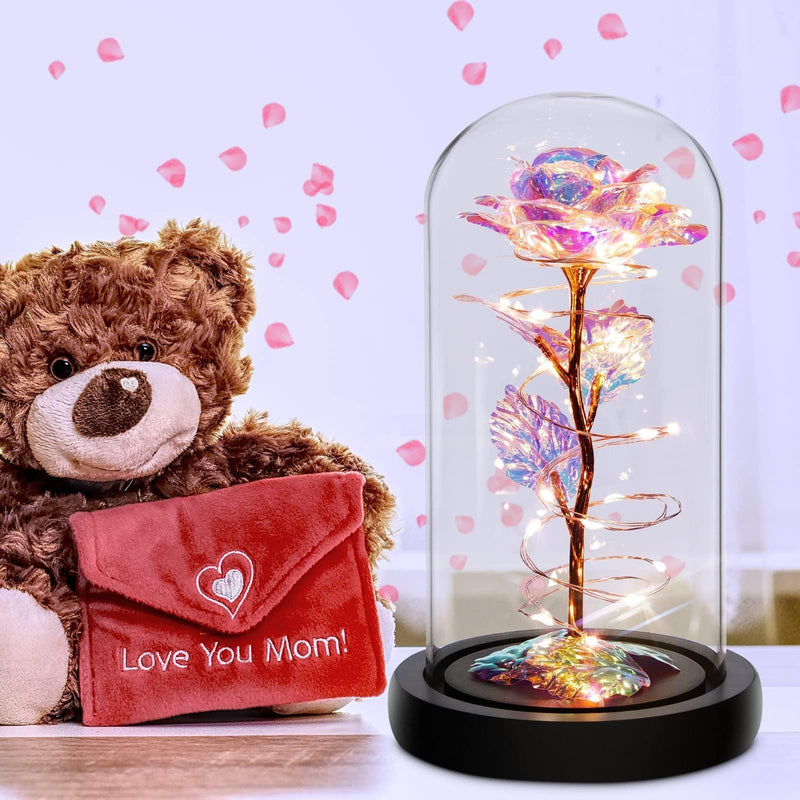 Christmas Rose Gifts for Women,Birthday Gifts for Women,Rose Flower Gifts for Women,Colorful Rainbow Light Up Rose in A Glass Dome,Rose Gifts for Mom Her Christmas,Thanksgiving,Anniversary - Gift Guide