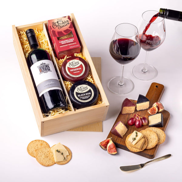 Cheshire Cheese Company | Duo of Cheese and Wine Gift Box – The Perfect Night In | Award Winning 2 Cheeses, 1 Biscuits & Red Wine Gift Set in Presentation Box | Luxury Food Hamper for Birthdays & more - Gift Guide