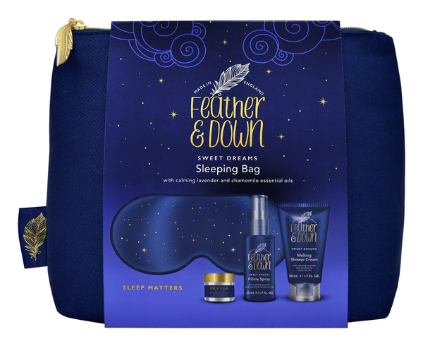 Feather & Down Sleeping Bag Gift Set (luxury eye mask, sleep balm, pillow spray and shower cream) - with calming lavender & chamomile essential oils. Vegan Friendly & Cruelty Free. - Gift Guide