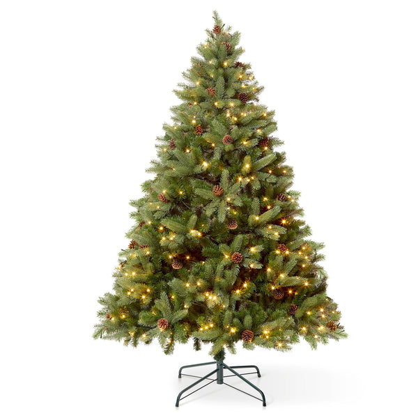 VeryMerry 6FT 'Ascot' Pre-Lit Christmas Tree with 300 Built-In Warm White LED Lights with Auto-Off Timer, 8 Lighting Modes and Real Decorative Pinecones - Gift Guide