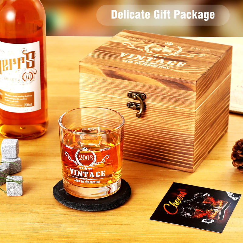 Tecanne 21st Birthday Gifts for Men, Vintage 2003 Whiskey Glass Set - 21 Years Anniversary, Bday Gifts Ideas for son, Husband, BoyFriend, Friends - Wood Box & Whiskey Stones & Coaster