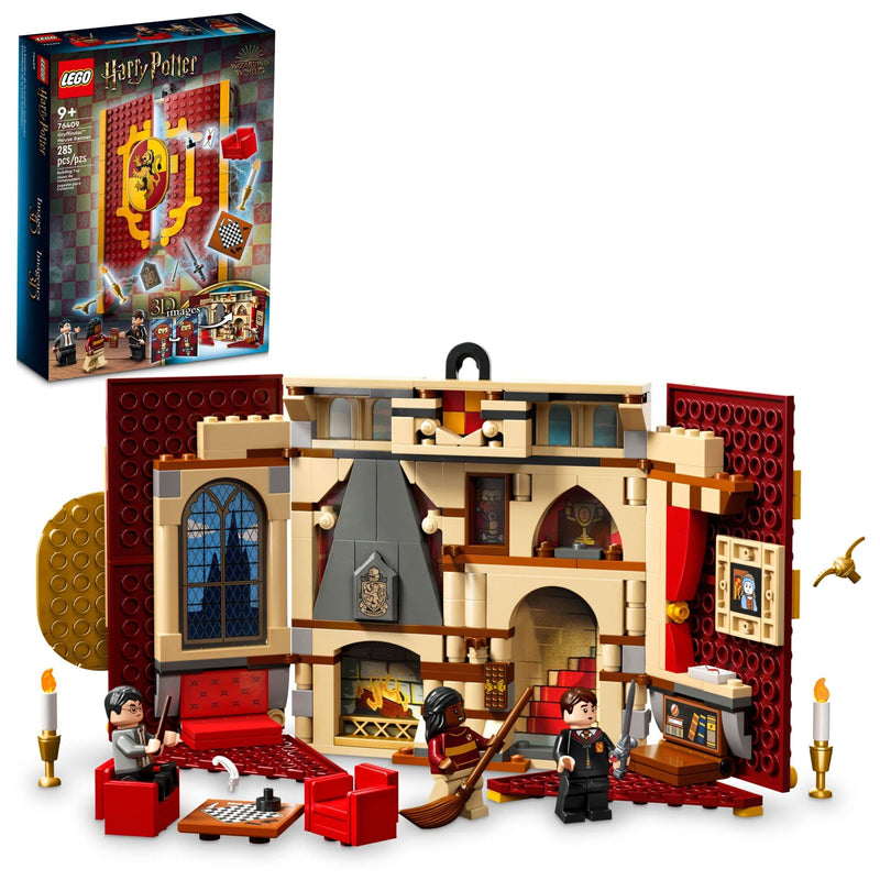 LEGO Harry Potter Gryffindor House Banner Set 76409, Hogwarts Castle Common Room Toy or Wall Display, Fold Up Travel Toy, Collectible with 3 Minifigures,Black,golden,Medium