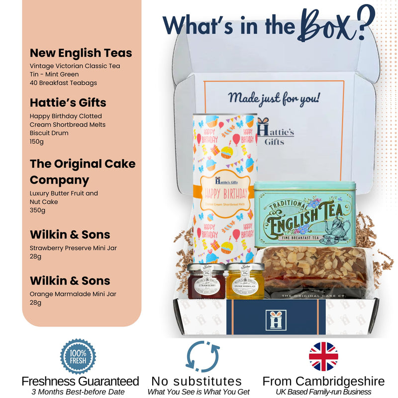 Hattie's Gifts Birthday Hamper with Afternoon Tea, Fruit Cake, Jams, and Biscuits Gift Set - Birthday Gifts for Women or Presents for Men - Tea Gift Set Hampers & Gourmet Gifts - Gift Guide