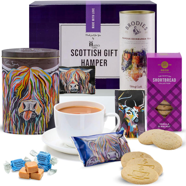 Afternoon Delight with Hattie's Gifts Food Hamper Featuring Steven Brown Tin Luxury Fudge, Scottish Tea and Biscuit Hamper Gift Set, Gourmet Artisan Indulgence - Gift Guide