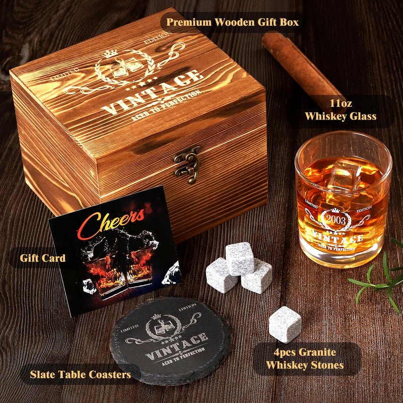 Tecanne 21st Birthday Gifts for Men, Vintage 2003 Whiskey Glass Set - 21 Years Anniversary, Bday Gifts Ideas for son, Husband, BoyFriend, Friends - Wood Box & Whiskey Stones & Coaster