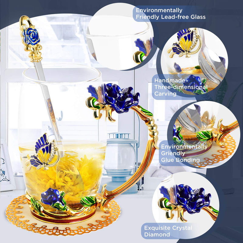 WD&CD Rose Butterfly Glass Tea Coffee Cups Mugs with Spoon and Coaster, Gifts for Her Girlfriend Wife Mum Women on Christmas Valentine's Day Mother's Day Anniversary, Blue Tall - Gift Guide