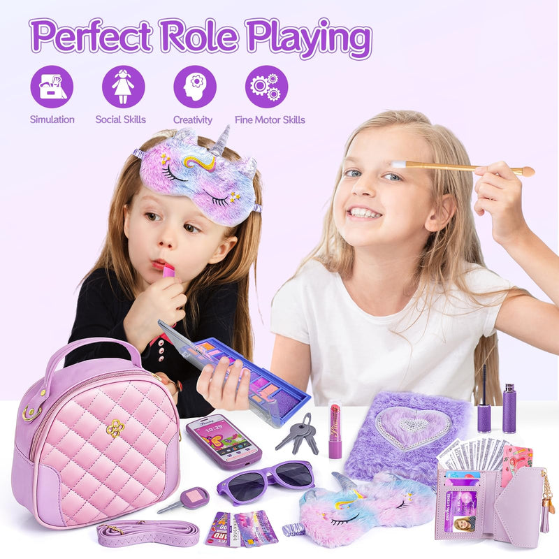 Little Girl Purse with Accessories, My First Purse Set - Play Makeup Diary Eye Mask Wallet Toy Phone Keys Sunglasses Credit Cards Kids, Princess Pretend Play Christmas Unicorn Gift Toy for Girl Age 3+ - Gift Guide