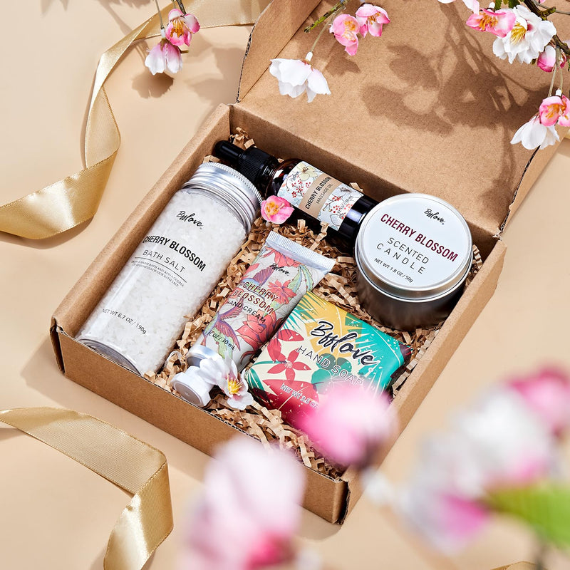 Bath Gift Sets for Women, Spa Gift Set, Care Packeage for Her, 5Pcs Cherry Blossom Pamper Gifts Includes Massage Oil, Scented Candle, Bath Salt, Hand Cream, Soap, Mum Birthday Gifts Mothers Day Gifts