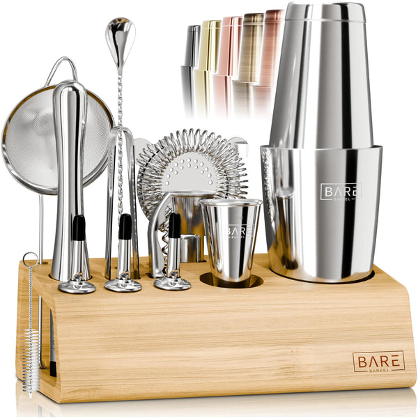 BARE BARREL® Cocktail Making Kit | 14-Piece Bartender Kit Cocktail Shaker Set Maker | Bamboo Display Stand & 35 Recipe Cards | Mixology Cocktail Gift Set (800ml/28oz Boston Shaker, Silver/Natural)