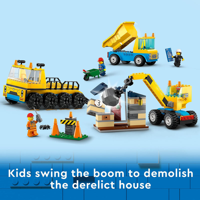 LEGO 60391 City Construction Trucks and Wrecking Ball Crane Toys, Demolition Playset with Digger Toy, Dump Truck and Transport Vehicles, Learning Toys for 4+ Years Old Kids, Boys, Girls